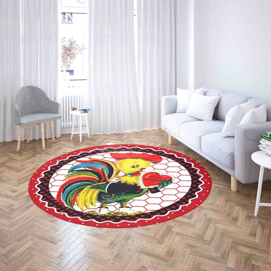 Vintage Rooster Round Rug, Faux Fur Area Mat - Etsy