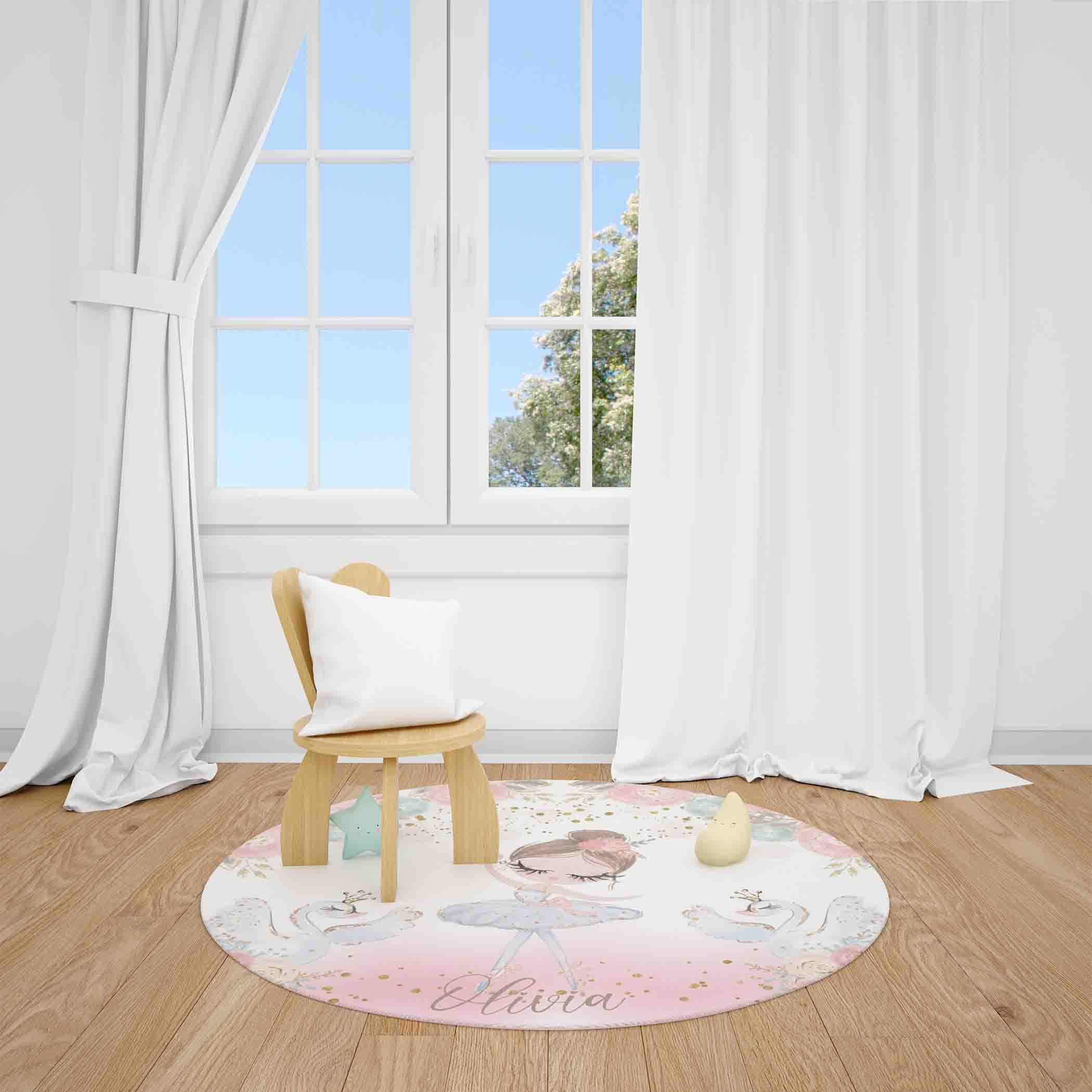 Pink Ballerina Girl Round Rug, Swan Lake Dance Nursery Carpet ...