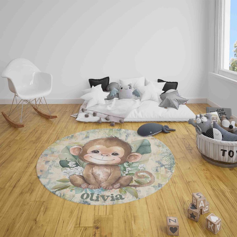 Monkey Nursery Rug | Safari Animals Floral Round Play Mat - Etsy Canada