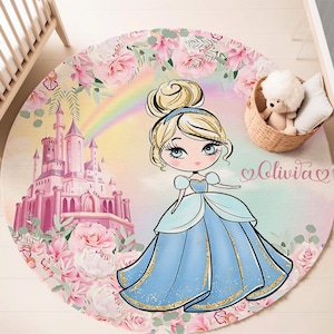 Kleiner Prinzessin Runder Teppich, Regenbogen Schloss Kinderzimmer Teppich, Personalisierte Mädchenzimmer Bodenmatte, Kinder Spielzimmer Matte, Märchen Wohnkultur
