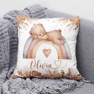 Cojín arcoíris boho, almohada de osito de peluche para dormir, decoración de guardería para niñas, decoración de habitación para niños, regalo lindo de baby shower de osito, almohada personalizada