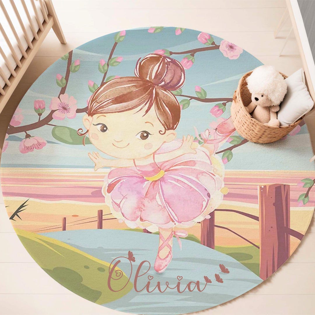 Pink Ballerina Girl Round Rug Cherry Blossom Nursery Carpet ...