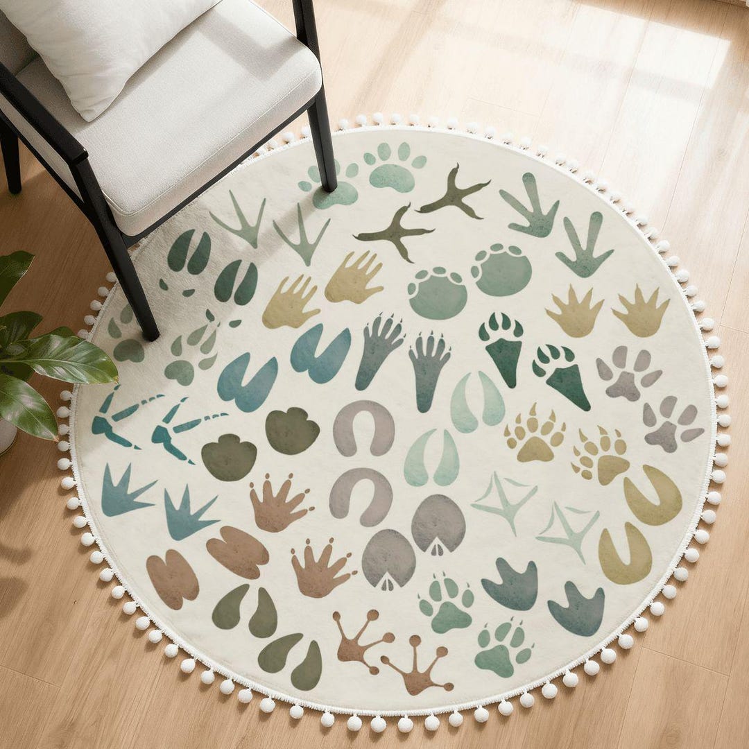 Rust Footprints Rug Animal Footprint Round Rug: Forest Farm Animal Tracks Carpet for Kids ...