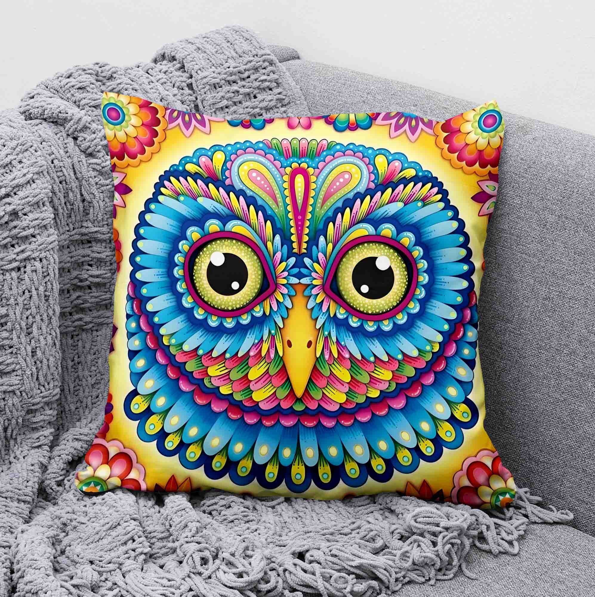 Folk Art Owl Pillow, Colorful Scandinavian Cushion