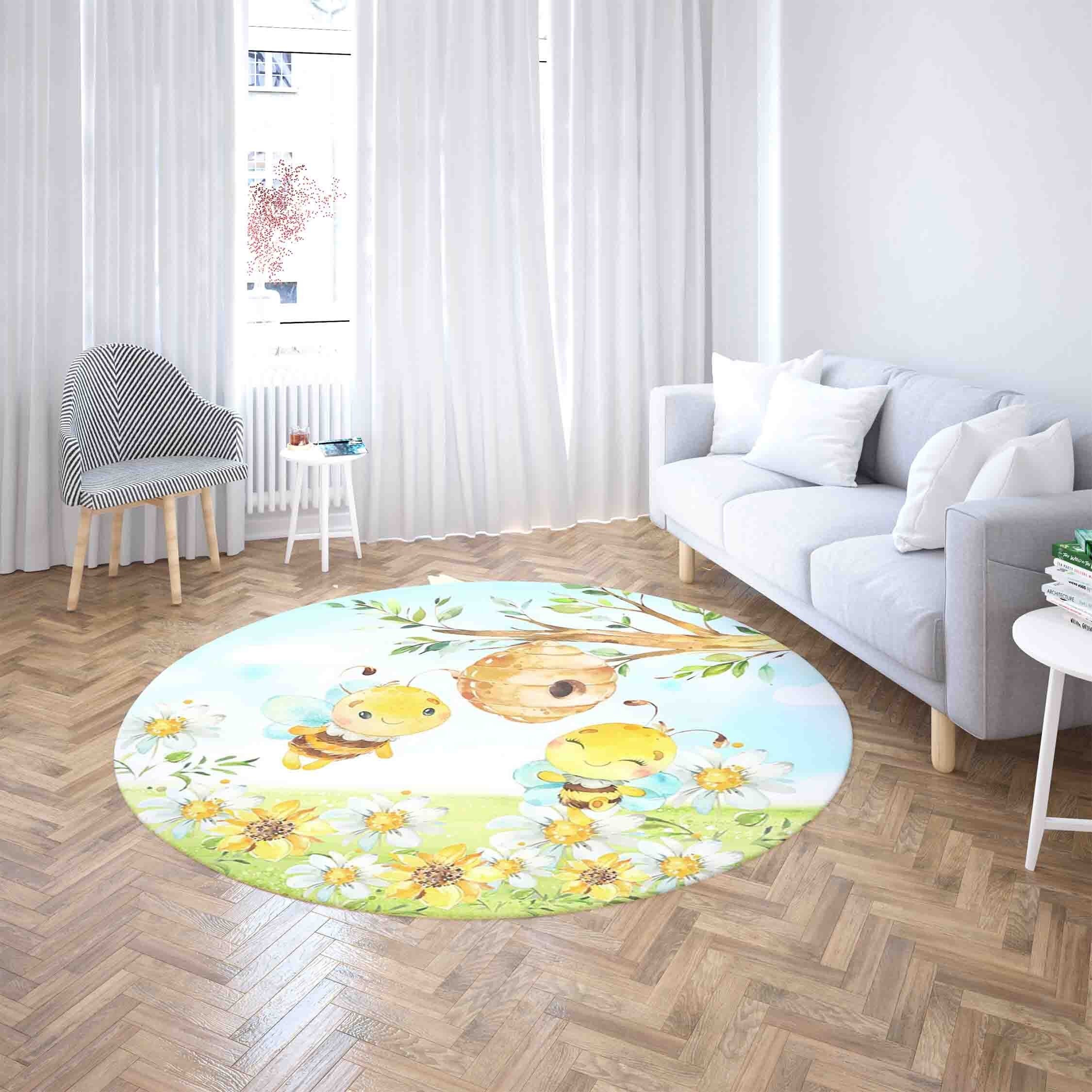 Honey Bee Round Rug Spring Floral Daisy Mat Cottagecore Home Decor Carpet Nature Kids Room Area Mat Circle Nursery Floor Mat Gift For Kids