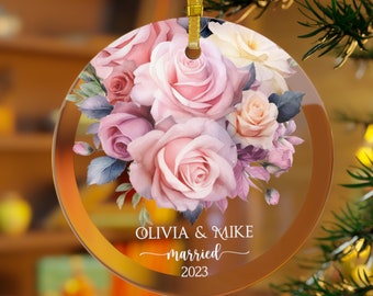 Pink Roses Married Ornament Gift Newlywed Gift Mr & Mrs Christmas Ornament Personalized Mr Mrs Wedding Ornament Wedding Gift Keepsake Couple