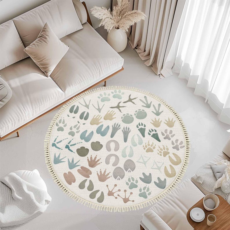 Rust Footprints Rug Animal Footprint Round Rug: Forest Farm Animal Tracks Carpet for Kids ...