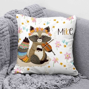 Violinist Music Cushion, Baby Raccoon Pillow, Woodland Animal Nursery Pillow, Floral Kids Room Decor, Gift for Violin Musician Birthday Gift