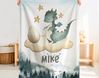 Personalized Baby Dragon Blanket, Custom Name Forest Fantasy Nursery Gift for Baby Boy