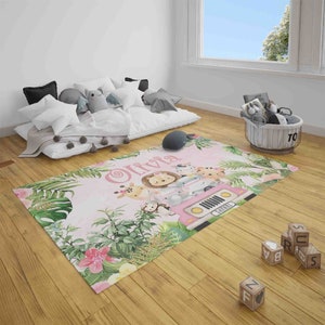 Safari Animals Nursery Rug, Floral Jungle Decor, Custom Name Kids Play ...