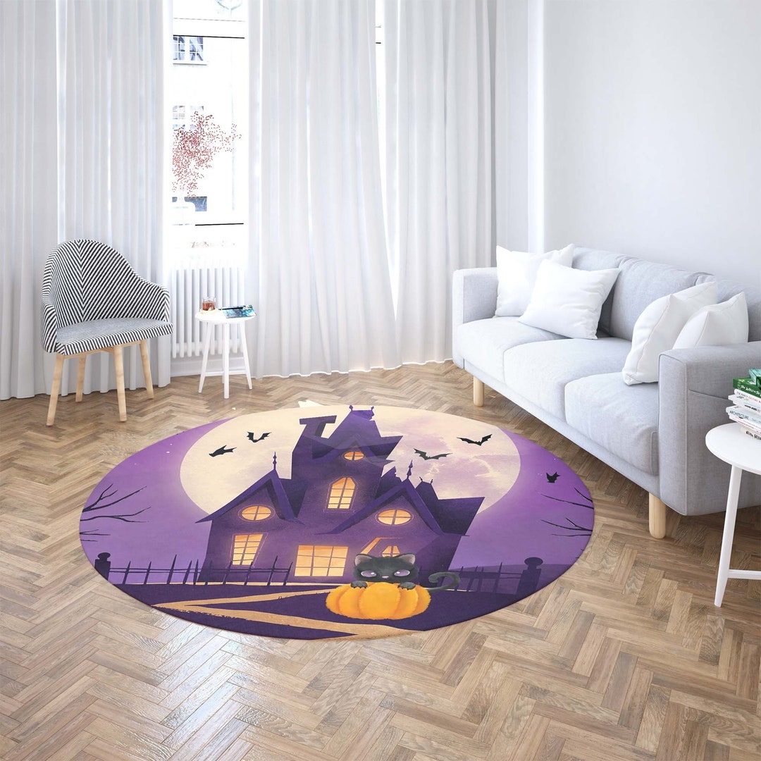 Spooky Halloween Round Rug, Scary Gothic Castle Carpet, Pumpkin Black ...
