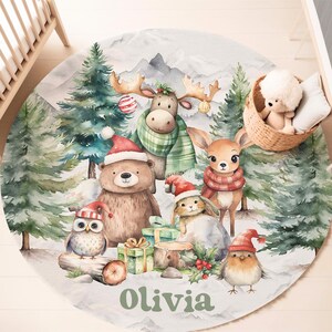 Christmas Woodland Animals Rug Kids Room Play Mat Xmas Home Decor Nursery Carpet Round Rug Circle Floor Area Mat Playroom Rug Gift