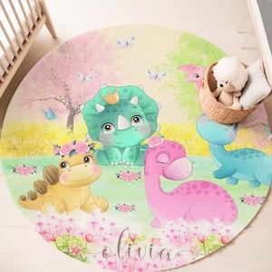 Dino und Freunde Runder Teppich, Frühlingsgarten Kindergartenmatte, Safari Tiere Teppich, Dinosaurier Kinderzimmerdekor, Florale Babypartygeschenk