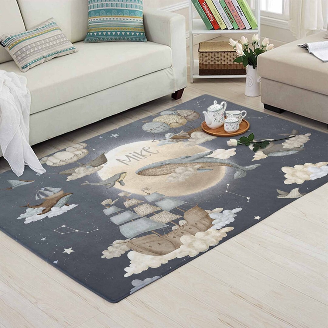 Ocean Whale Nursery Rug Sea Dolphin Baby Boy Room Decor Sky Moon World