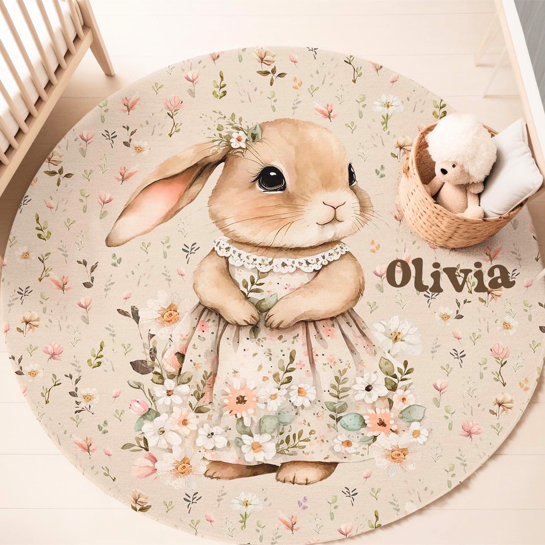 Floral Bunny Nursery Rug, Round Play Mat - Etsy