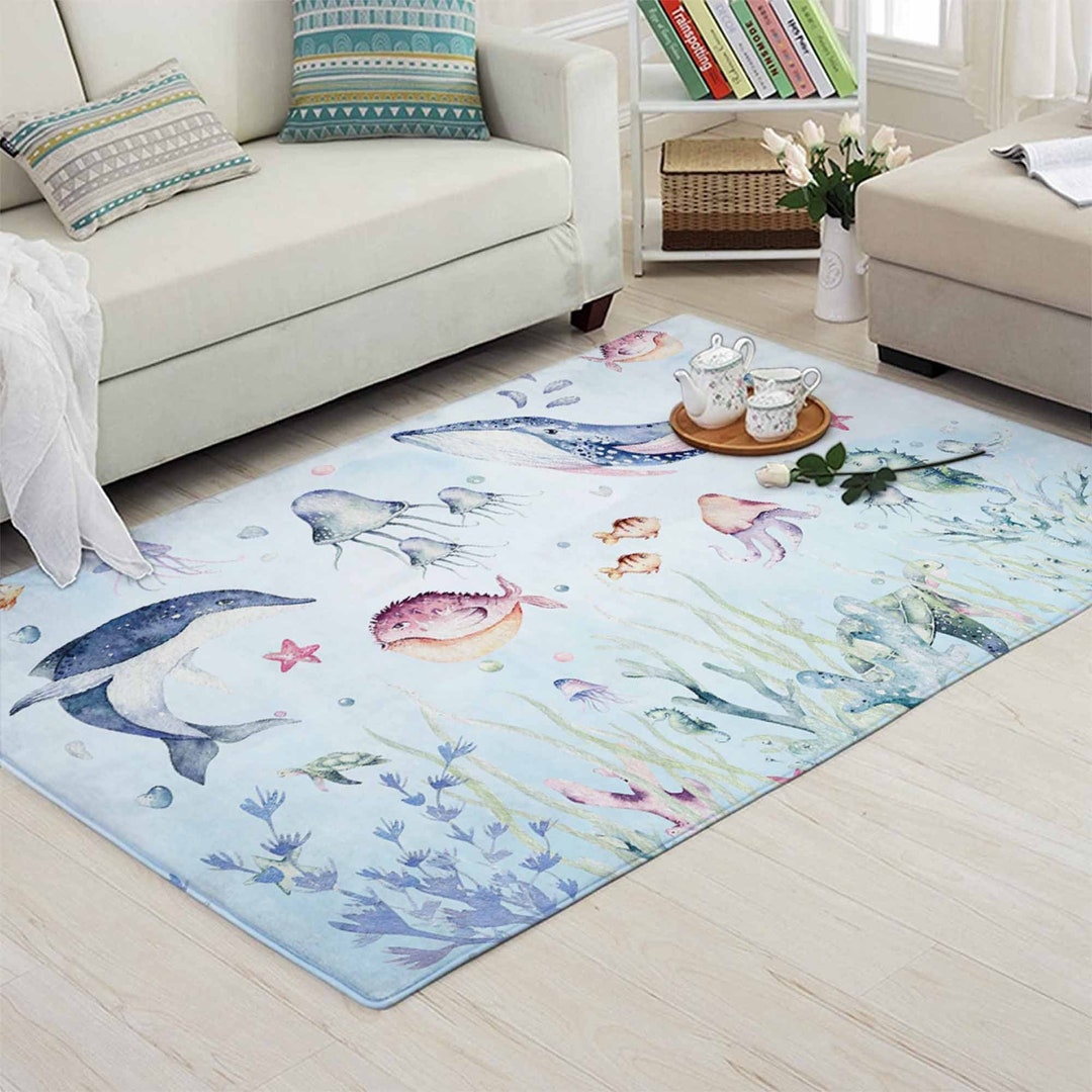Ocean Whale Nursery Rug Sea Dolphin Baby Room Decor Underwater World
