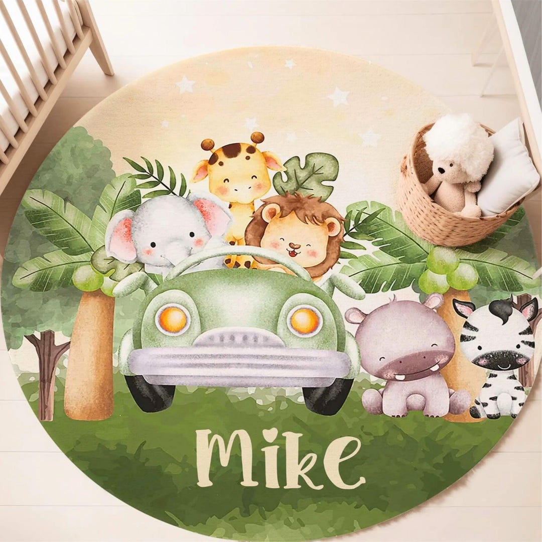 Round Animal Rug Safari Animals Round Rug, Baby Boy Nursery Decor, Playroom Carpet, Kids ...