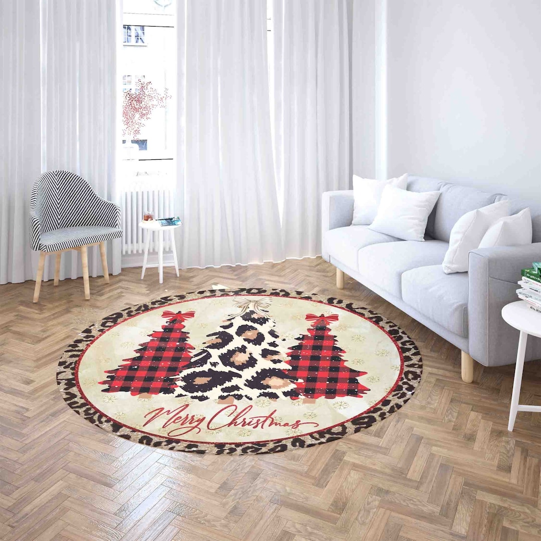 Merry Christmas Round Rug Leopard Christmas Tree Carpet Xmas Etsy