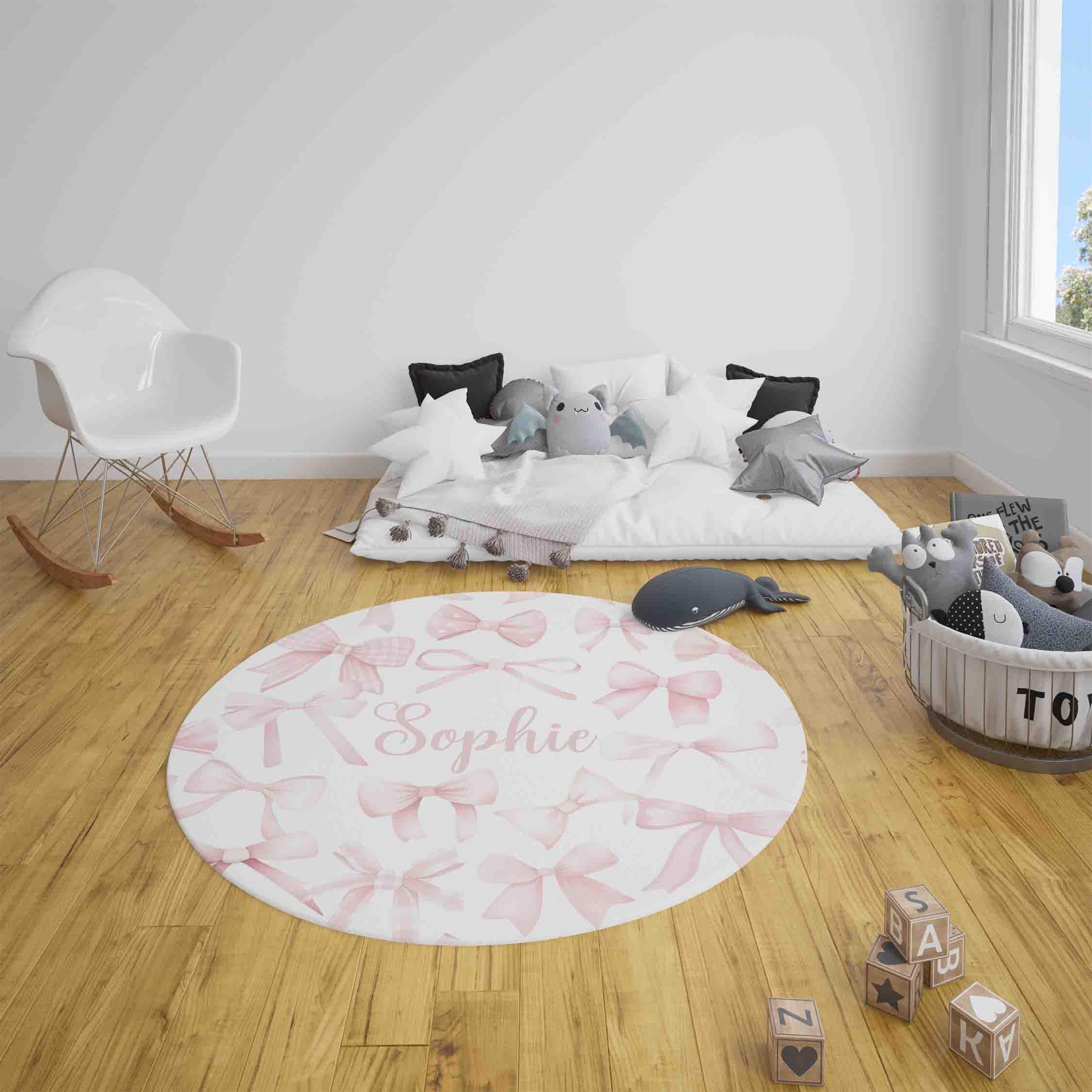 Pink Bow Round Cotton Rug, Coquette Nursery Playroom Mat - Etsy