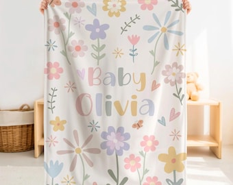 Personalized Wildflower Baby Blanket, Custom Name Pastel Floral Nursery Gift for Baby Girl