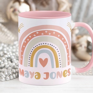 Boho Regenbogen Becher Benutzerdefinierte Name Kaffeetasse Personalisierte Tasse für Kinder Teetasse Kinder Geburtstagsgeschenk Kinderbecher Zurück zu Schulgeschenk für Mädchen