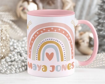 Boho Rainbow Custom Name Mug, Pink Kids Birthday Gift