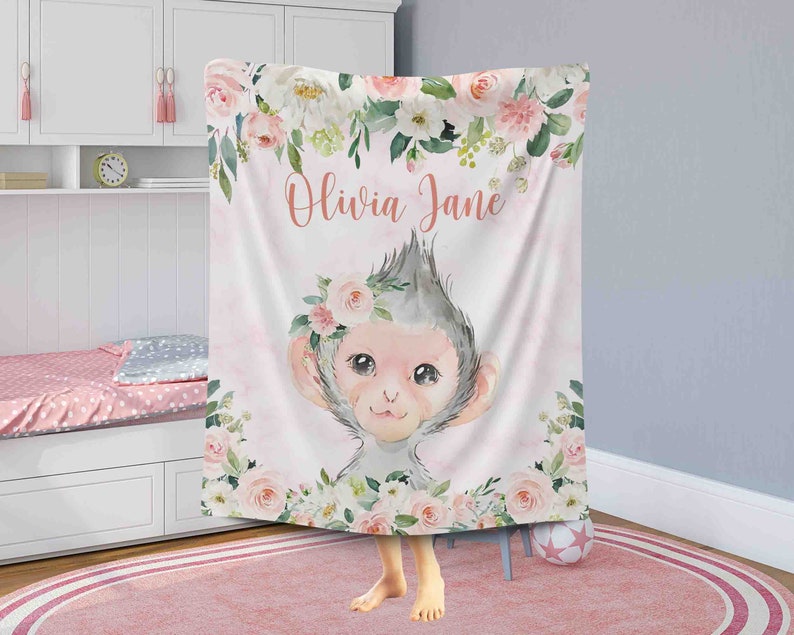 Pink Floral Monkey Nursery Blanket Personalized Baby Monkey - Etsy