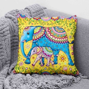 Elephant Folk Art Pillow Christmas Home Decor Gift Animal Lover Gift Scandinavian Cushion Mothers Day Gift For Mom Birthday Gift for Her