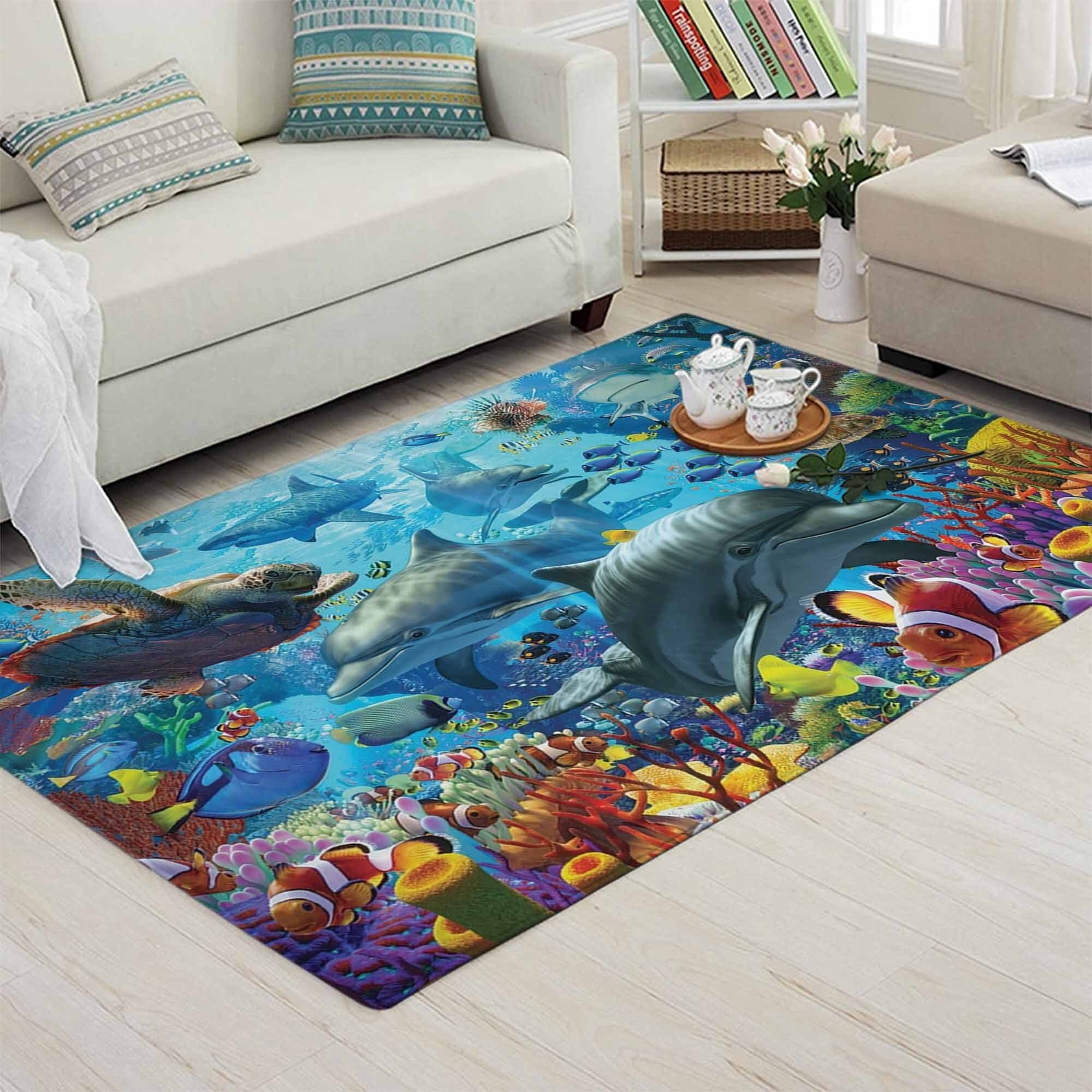 イルカ　いるか　アニマル　アート　ラグ　ソファーカバー 134×116 イルカ柄ラグ｜海の生き物柄ポリエステルシェニール製ベビーマット