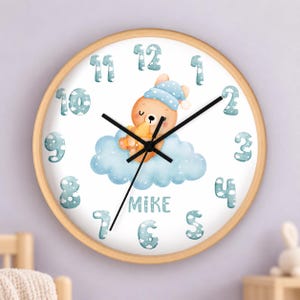 Personalized Sleeping Bear Wall Clock, Blue Cloud Nursery Decor, Custom Name for Kids Room