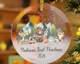 Personalized Woodland Baby's First Christmas Ornament 2026, Forest Animal Newborn Keepsake