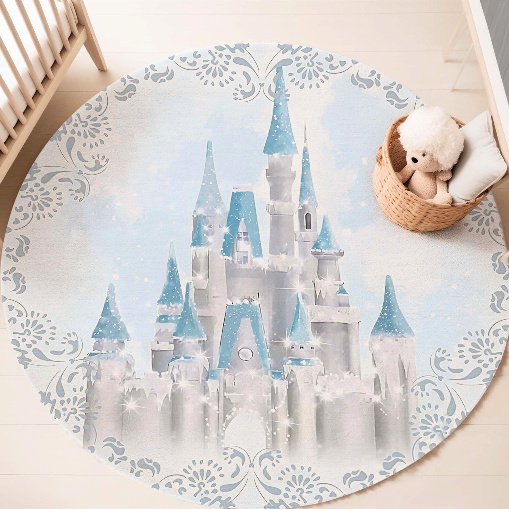 青いプリンセスキャッスルの円形ラグ、おとぎ話の子供部屋の装飾