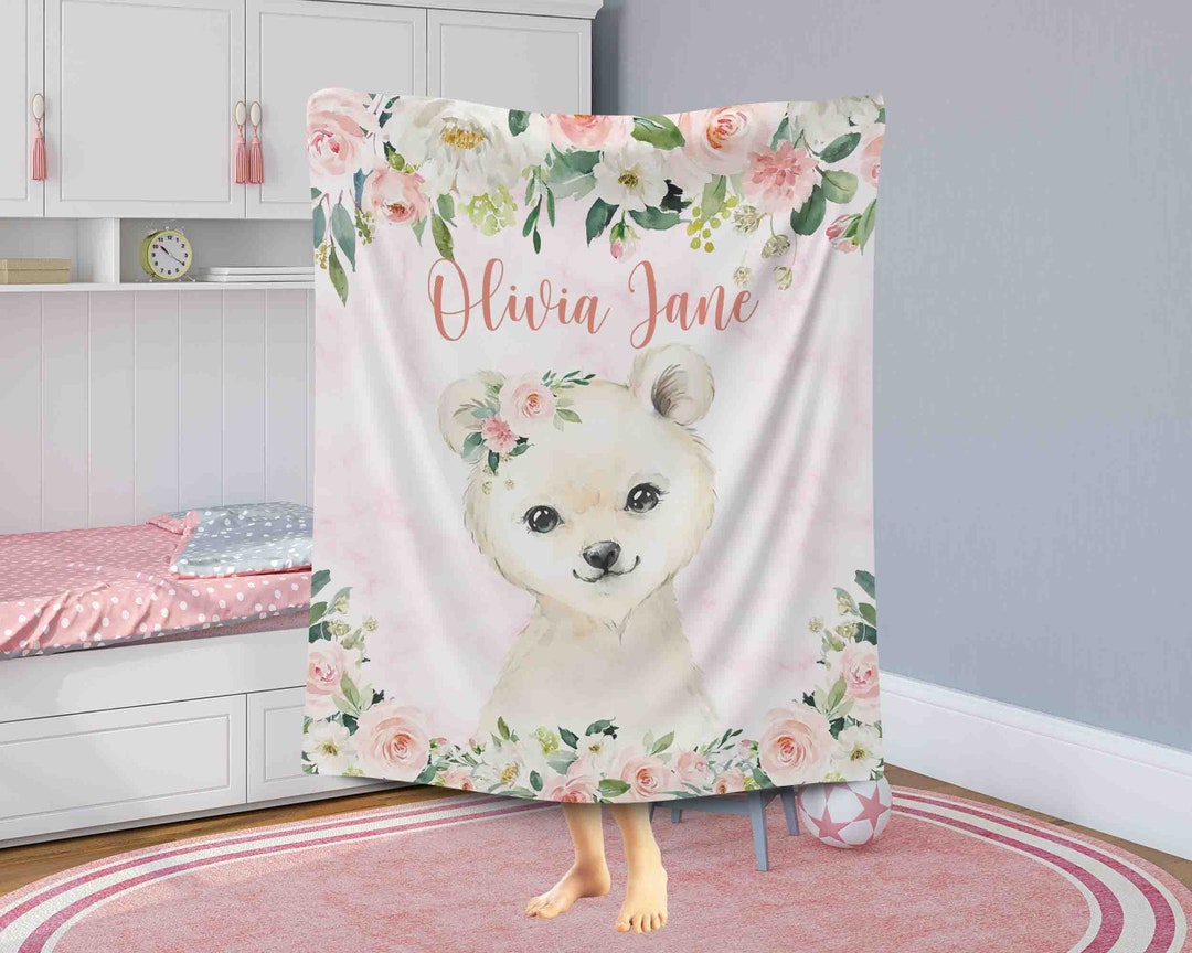 Baby Polar Bear Blanket Pink Floral Polar Bear Nursery Etsy