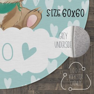 May include: A round, blue and white chenille rug with a cute bear design and hearts. The rug is 60 inches in diameter and has a grey underside. The text "SIZE 60x60" and "GREY UNDERSIDE" is printed on the rug. The text "100% POLYESTER CHENILLE" is printed on the rug's underside.