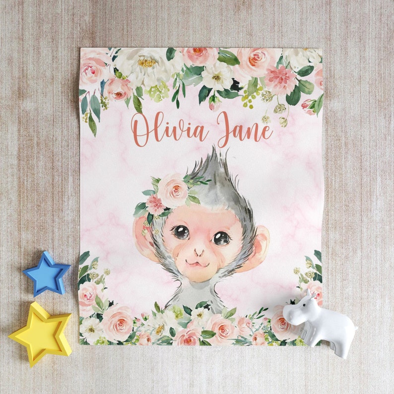 Pink Floral Monkey Nursery Blanket Personalized Baby Monkey - Etsy