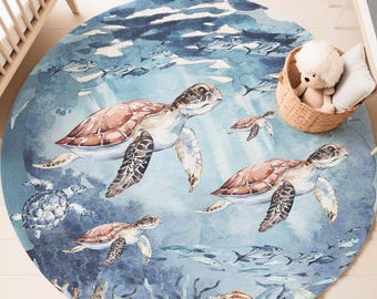 Sea Turtle Round Rug: Ocean Animals Carpet, Kids Nursery Decor
