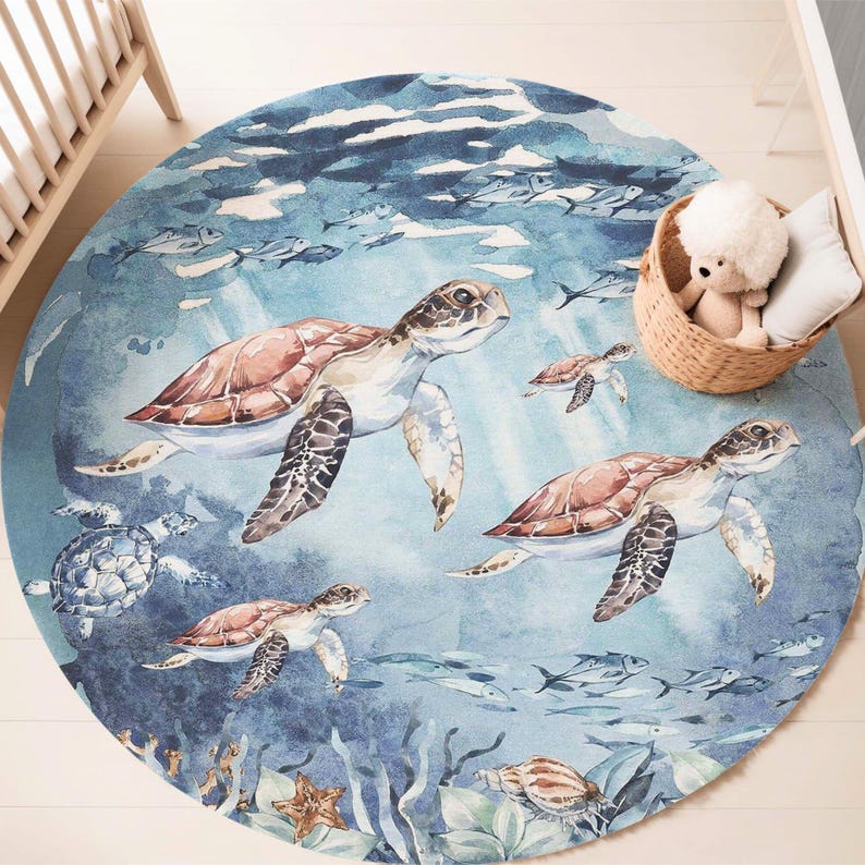 Aquatic Rug Sea Turtle Round Rug: Ocean Animals Carpet, Kids Nursery Decor - Etsy
