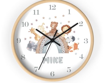 Personalized Nursery Clock, Rainbow Safari Animal Decor, Baby Shower Gift