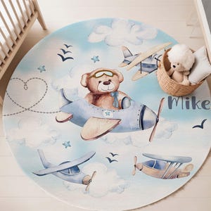 Fliegende Flugzeug Runde Teppich Kleiner Pilot Teppich Benutzerdefinierte Name Kinderzimmer Matte Baby Jungen Zimmer Dekor Kinder Spielzimmer Matte Himmel Wolke Kinder Geburtstagsgeschenk