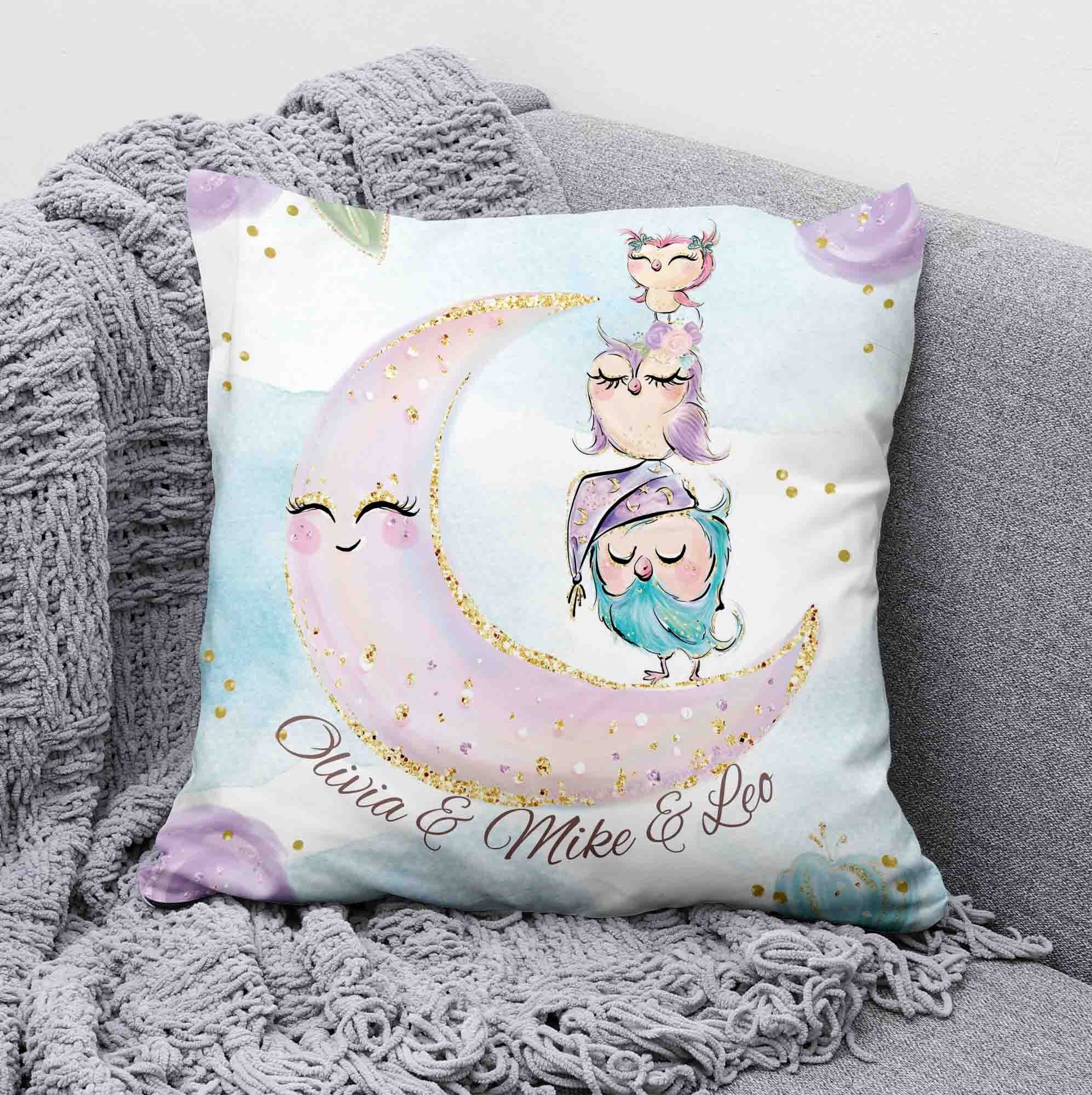 Little Owl Cushion, Baby Owl On Moon Pillow, Personalized Baby Girl Nursery Decor, Toddler Girls Roo
