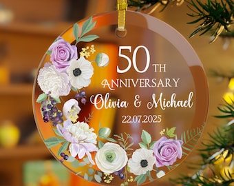 Ornamento personalizzato per il 50° anniversario, ricordo floreale per questa importante tappa, con nome e data personalizzati.