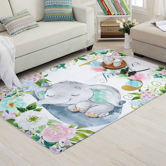 Floral Letter Nursery Rug Mom and Baby Elephant Carpet Safari Animal Mat Baby Room Decor Kids Playroom Mat Custom Baby Shower Gift Etsy Canada