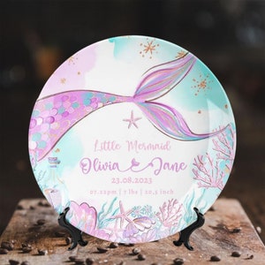 Little Mermaid Custom Name Plate Keepsake Birth Announcement Sign Baby Stats Customized Plate Ornament Personalized Plates Gift For Toddler
