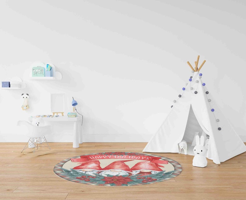 Happy Holidays Carpet Rug, Christmas Gnomes Mat, Christmas Wreath Home