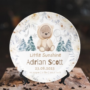 Gift For Newborn Birth Stat Sign Baby Announcement Customized Plate Teddy Bear Custom Name Plate Keepsake Custom Plates Personalized Plates