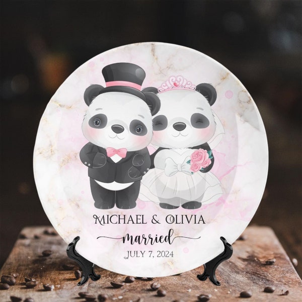 Panda Wedding Plate Married Keepsake Newlywed Gift Mr & Mrs Personalized Wall Hanging Plate Wedding Anniversary Gift Bride And Groom Plate