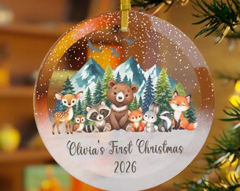 Personalized Woodland Baby's First Christmas Ornament 2026, Forest Animal Newborn Keepsake