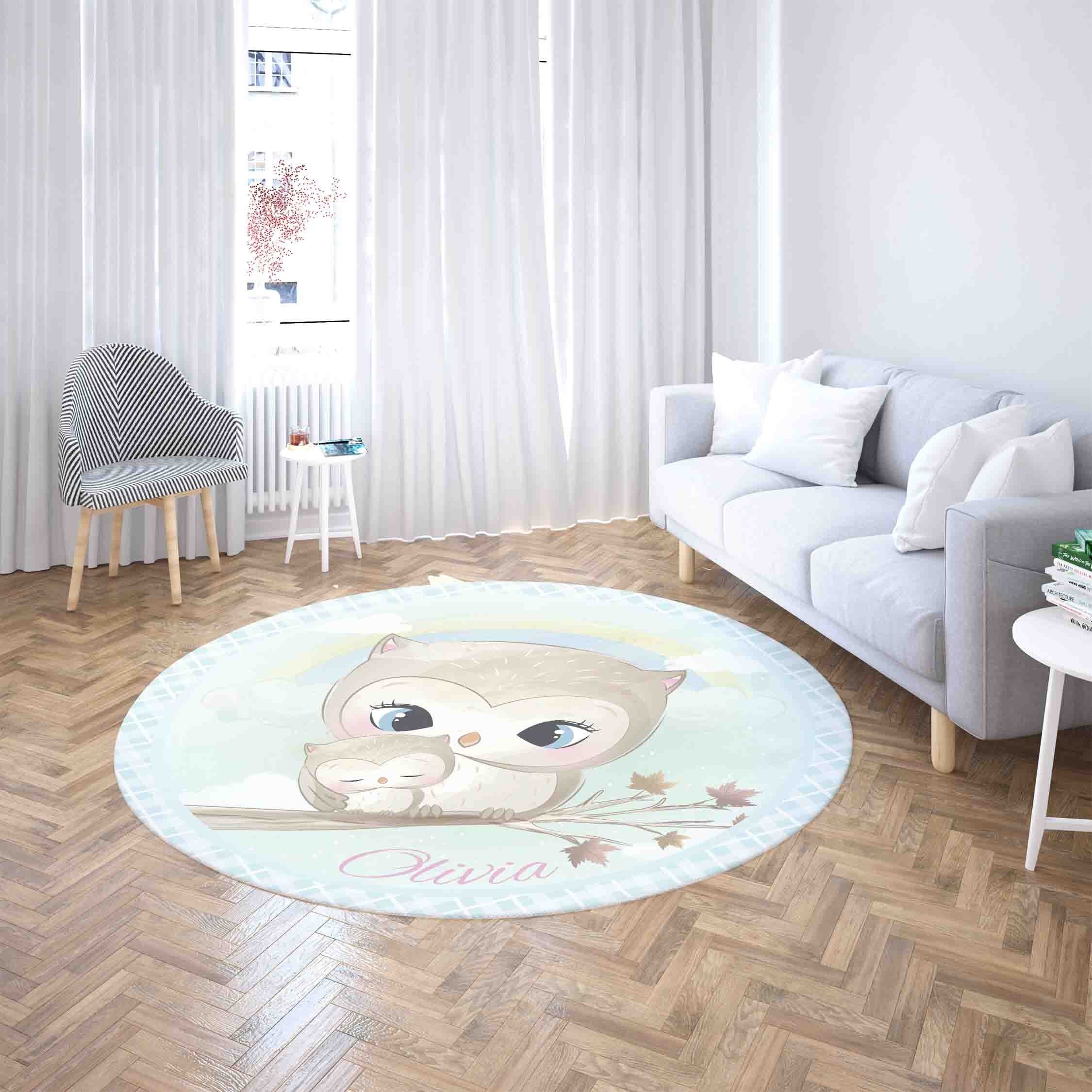 Mom and Baby Owl Round Rug, Custom Name Nursery Carpet, Bird Animal Baby Shower Party Decor, Kids Ro