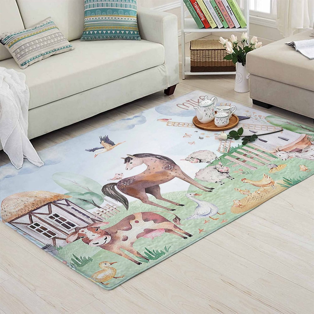 Farm Animal Nursery Rug Woodland Animals Carpet Custom Name Nursery Mat
