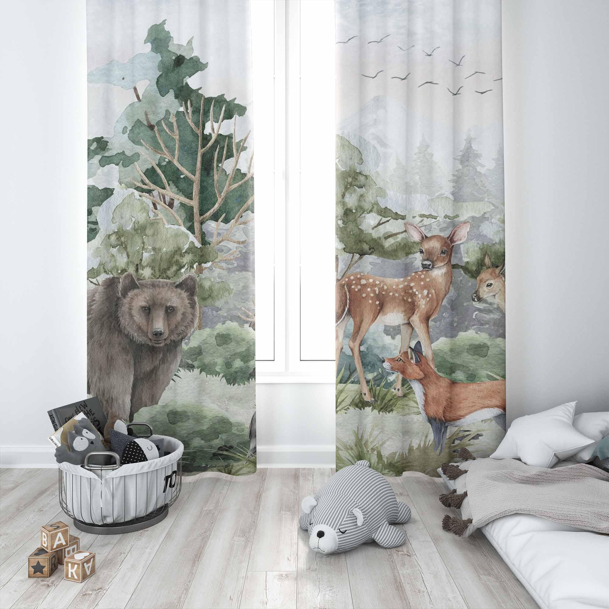 森の動物のカーテン 子供部屋カーテン プレイルーム 遮光カーテン 保育